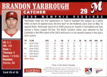 2009 MultiAd Memphis Redbirds #29 Brandon Yarbrough Back