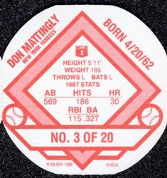 1988 Our Own Tea Discs #3 Don Mattingly Back