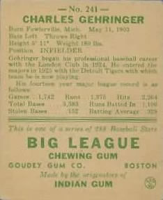 1938 Goudey Heads-Up (R323) #241 Charlie Gehringer Back