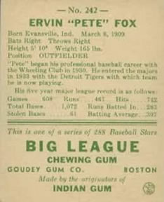 1938 Goudey Heads-Up (R323) #242 Ervin Fox Back