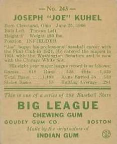 1938 Goudey Heads-Up (R323) #243 Joe Kuhel Back