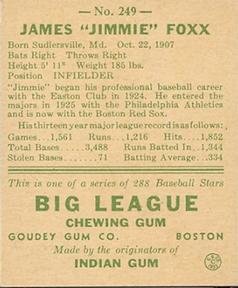 1938 Goudey Heads-Up (R323) #249 Jimmie Foxx Back