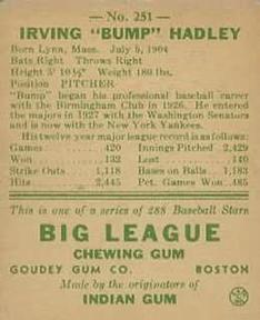 1938 Goudey Heads-Up (R323) #251 Bump Hadley Back