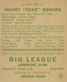 1938 Goudey Heads-Up (R323) #252 Zeke Bonura Back