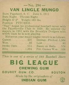1938 Goudey Heads-Up (R323) #254 Van Lingle Mungo Back