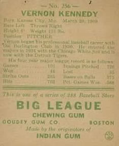 1938 Goudey Heads-Up (R323) #256 Vernon Kennedy Back