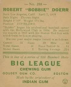 1938 Goudey Heads-Up (R323) #258 Bobby Doerr Back