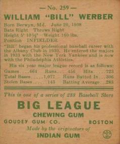 1938 Goudey Heads-Up (R323) #259 Billy Werber Back