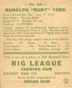 1938 Goudey Heads-Up (R323) #260 Rudy York Back