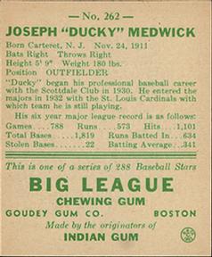1938 Goudey Heads-Up (R323) #262 Joe Medwick Back