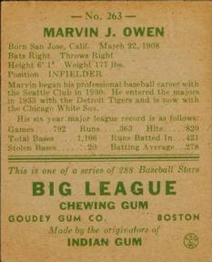 1938 Goudey Heads-Up (R323) #263 Marvin Owen Back