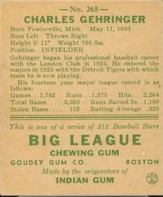 1938 Goudey Heads-Up (R323) #265 Charlie Gehringer Back