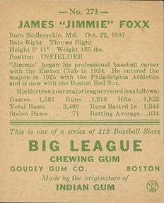 1938 Goudey Heads-Up (R323) #273 Jimmie Foxx Back