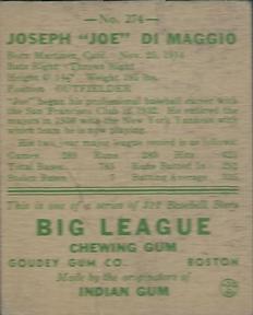 1938 Goudey Heads-Up (R323) #274 Joe DiMaggio Back