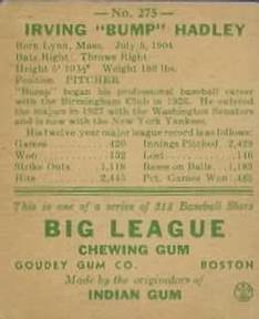 1938 Goudey Heads-Up (R323) #275 Bump Hadley Back