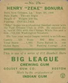 1938 Goudey Heads-Up (R323) #276 Zeke Bonura Back