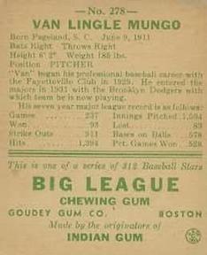 1938 Goudey Heads-Up (R323) #278 Van Mungo Back