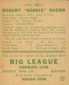 1938 Goudey Heads-Up (R323) #282 Bobby Doerr Back