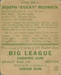 1938 Goudey Heads-Up (R323) #286 Joe Medwick Back