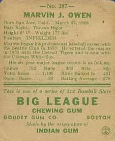 1938 Goudey Heads-Up (R323) #287 Marvin Owen Back