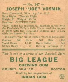 1938 Goudey Heads-Up (R323) #247 Joe Vosmik Back