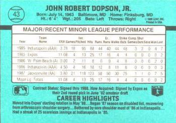 1988 Donruss The Rookies #43 John Dopson Back