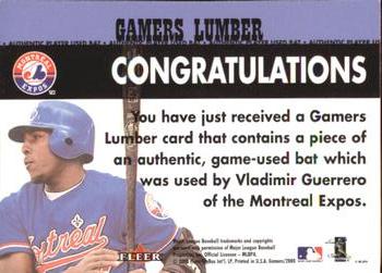 2000 Fleer Gamers - Gamers Lumber #NNO Vladimir Guerrero  Back