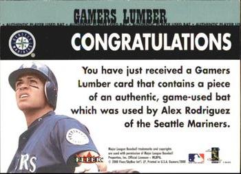 2000 Fleer Gamers - Gamers Lumber #NNO Alex Rodriguez  Back