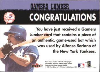 2000 Fleer Gamers - Gamers Lumber #NNO Alfonso Soriano  Back