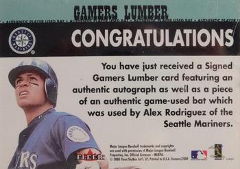 2000 Fleer Gamers - Signed Gamers Lumber #NNO Alex Rodriguez  Back