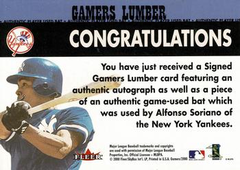 2000 Fleer Gamers - Signed Gamers Lumber #NNO Alfonso Soriano  Back