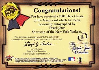 2000 Fleer Greats of the Game - Autographs #NNO Derek Jeter Back