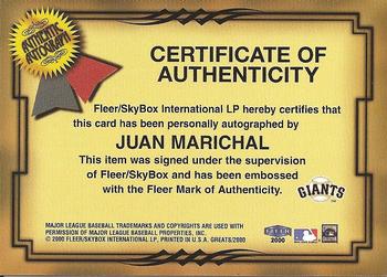 2000 Fleer Greats of the Game - Autographs #NNO Juan Marichal Back