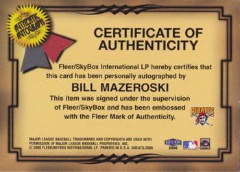 2000 Fleer Greats of the Game - Autographs #NNO Bill Mazeroski Back