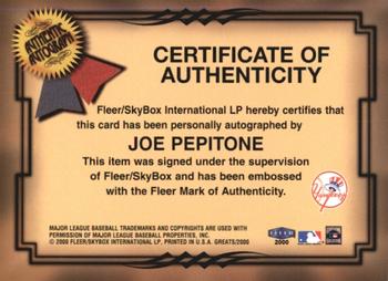 2000 Fleer Greats of the Game - Autographs #NNO Joe Pepitone Back