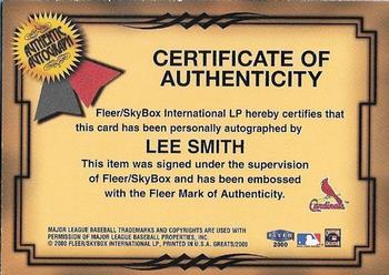 2000 Fleer Greats of the Game - Autographs #NNO Lee Smith Back
