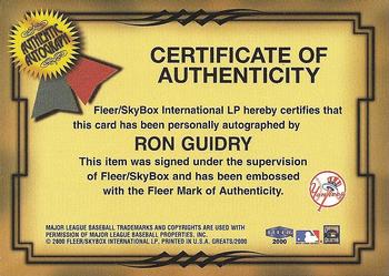 2000 Fleer Greats of the Game - Autographs Memorable Moments #NNO Ron Guidry Back