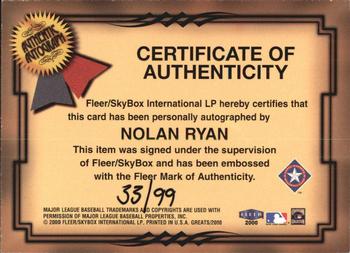 2000 Fleer Greats of the Game - Autographs Memorable Moments #NNO Nolan Ryan Back