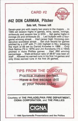 1986 Philadelphia Phillies Fire Safety #2 Don Carman Back