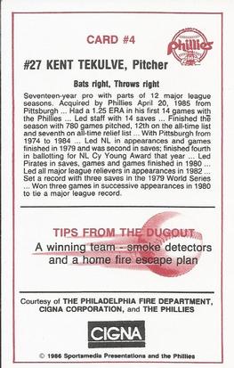 1986 Philadelphia Phillies Fire Safety #4 Kent Tekulve Back