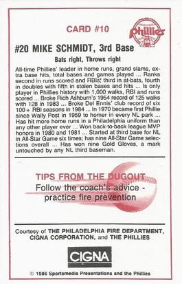 1986 Philadelphia Phillies Fire Safety #10 Mike Schmidt Back
