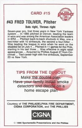 1986 Philadelphia Phillies Fire Safety #15 Fred Toliver Back