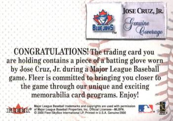 2000 Fleer Impact - Genuine Coverage Batting Gloves #NNO Jose Cruz, Jr. Back