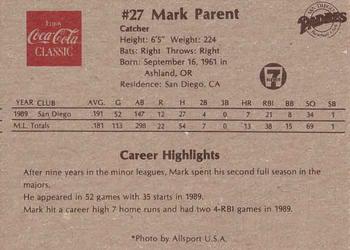 1990 Coca-Cola San Diego Padres #NNO Mark Parent Back