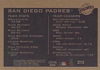 2000 Fleer Tradition Glossy #213 San Diego Padres Back