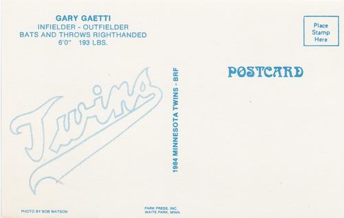 1984 Minnesota Twins Postcards #NNO Gary Gaetti Back