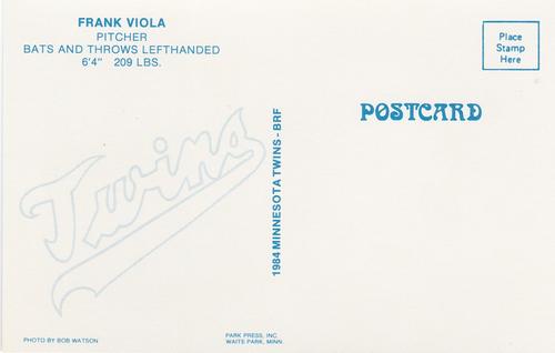 1984 Minnesota Twins Postcards #NNO Frank Viola Back