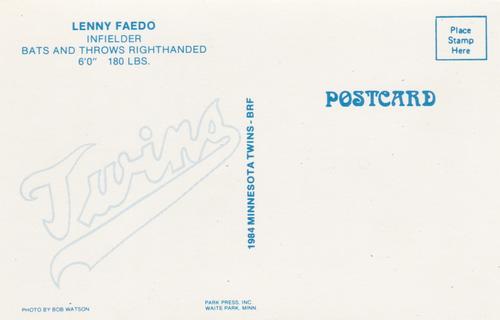 1984 Minnesota Twins Postcards #NNO Lenny Faedo Back