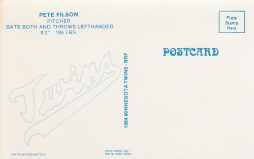 1984 Minnesota Twins Postcards #NNO Pete Filson Back