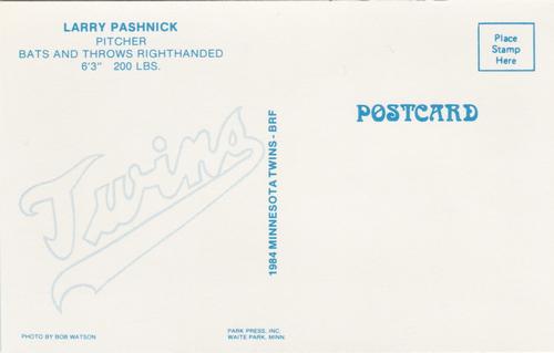 1984 Minnesota Twins Postcards #NNO Larry Pashnick Back